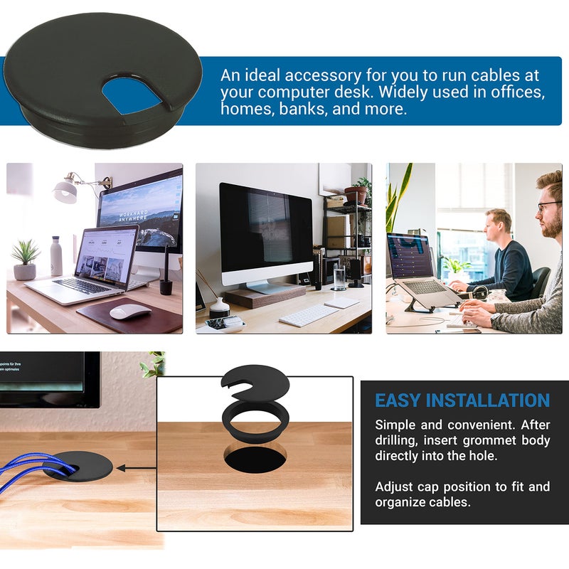 ROK 5 Pack Rok Hardware 3" (76mm) Black Round Computer Desk Table Port Wire Cable Cord Organizer Hole Cover Grommet, ROKRG3BLK - Image 5